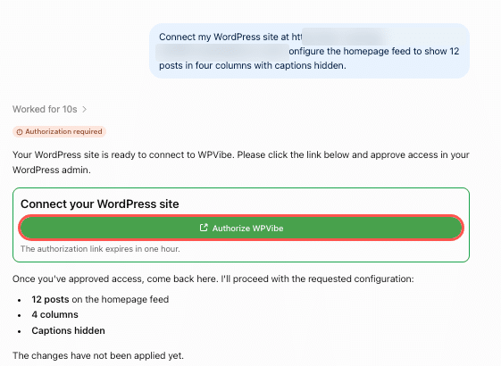 ig-6140-step-chatgpt-authorize - Smash Balloon ChatGPT reply saying Authorization required, with the Connect your WordPress site box and the Authorize WPVibe button highlighted