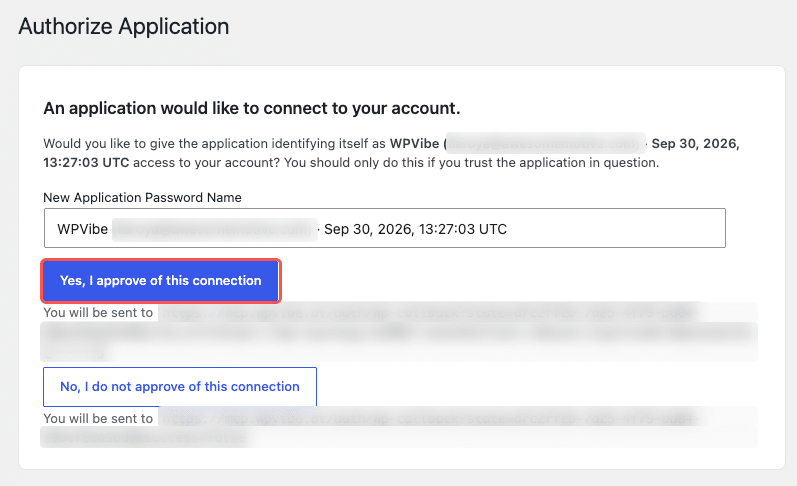 ig-6140-step-approve-connection - Smash Balloon WordPress Authorize Application screen asking to connect WPVibe, with the Yes, I approve of this connection button highlighted and personal details blurred