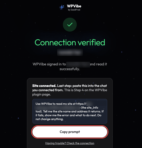 ig-6140-step-connection-verified - Smash Balloon WPVibe Connection verified screen with a prompt to paste into ChatGPT and the Copy prompt button highlighted, site details blurred