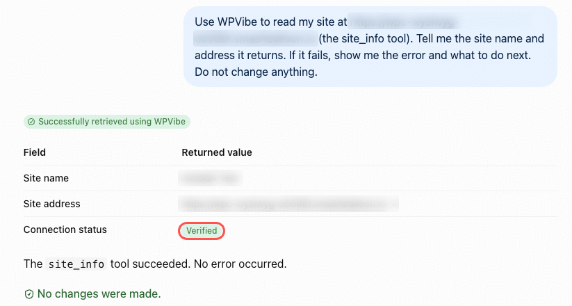 ig-6140-step-chatgpt-site-verified - Smash Balloon ChatGPT reply showing the site name, site address, and a Verified connection status returned through WPVibe, with site details blurred and Verified highlighted