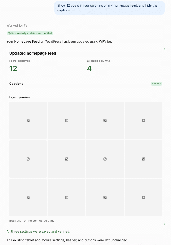 ig-6140-chatgpt-feed-updated - Smash Balloon ChatGPT chat using WPVibe: the request to show 12 posts in four columns on the homepage feed and hide captions, and the reply confirming the Homepage Feed was updated and verified