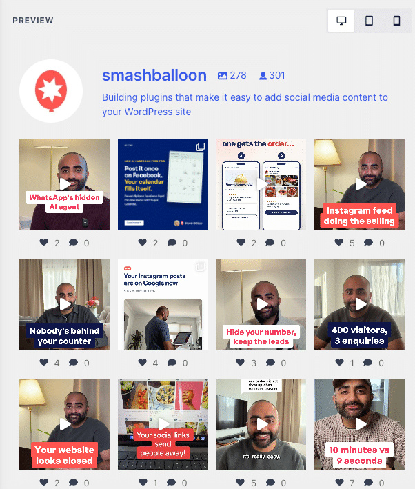 ig-6140-feed-after-ai-change - Smash Balloon Instagram Feed Pro feed editor preview of the smashballoon Homepage Feed after the ChatGPT change, showing 12 posts in four columns with captions hidden