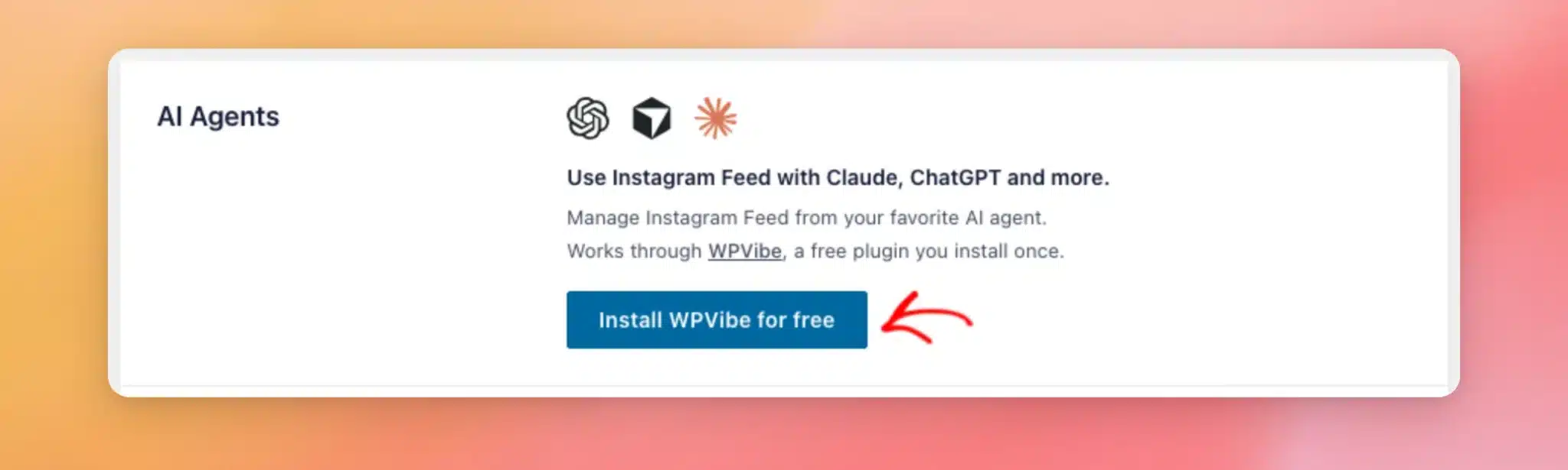 Der Abschnitt „KI-Agenten“ mit der Schaltfläche „WPVibe kostenlos installieren“
