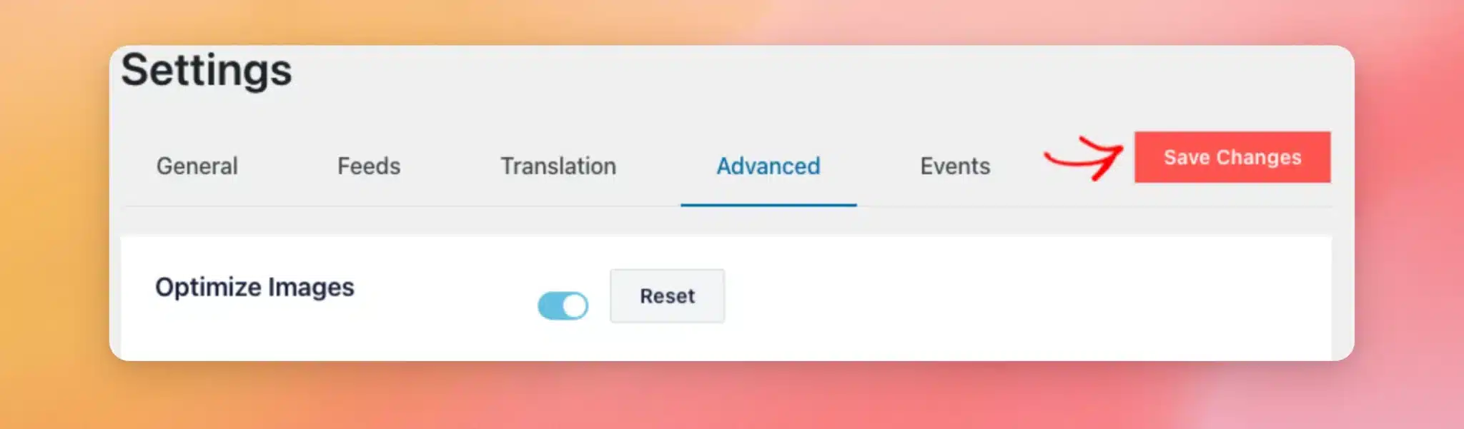 The Save Changes button on the Advanced tab of the Facebook Feed settings