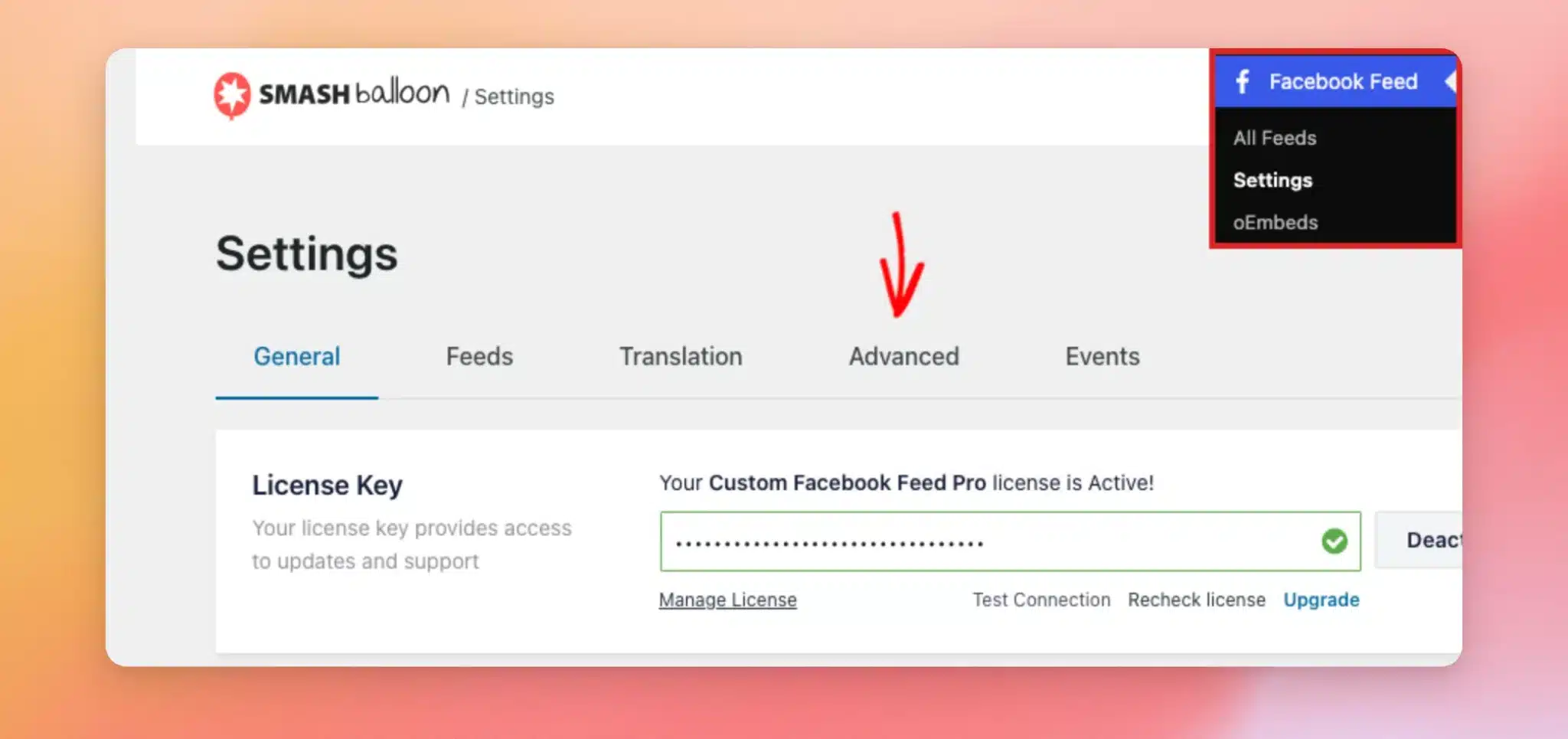The Facebook Feed Settings page with an arrow on the Advanced tab