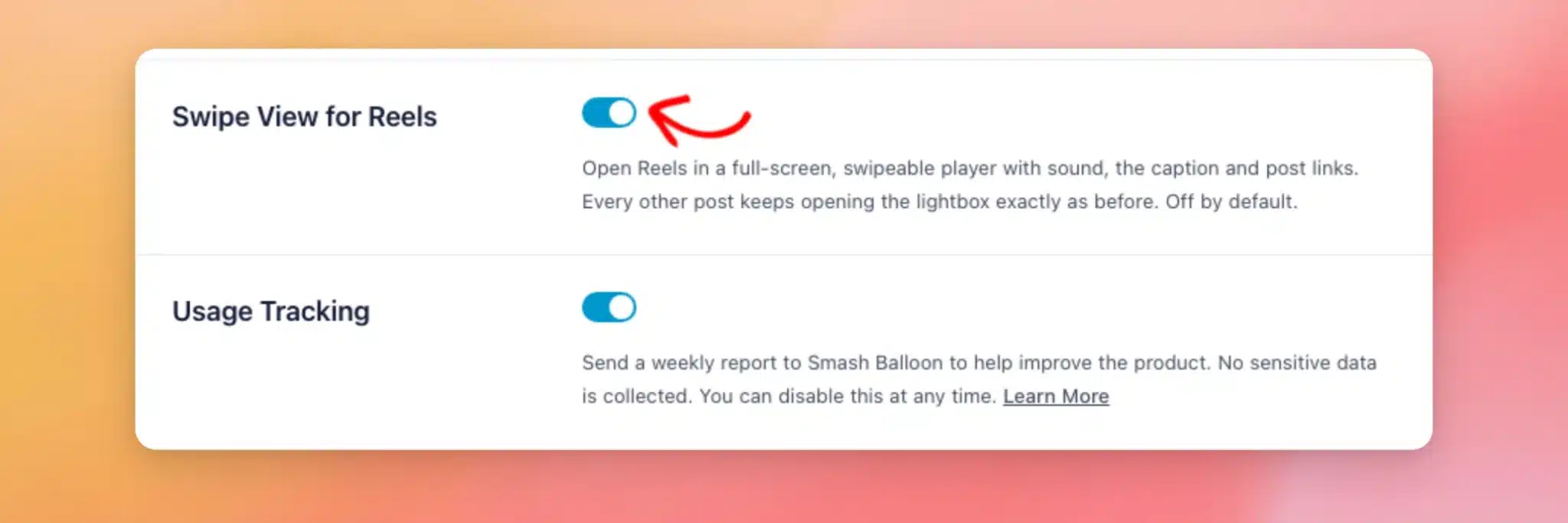 The Swipe View for Reels toggle turned on in the Advanced settings