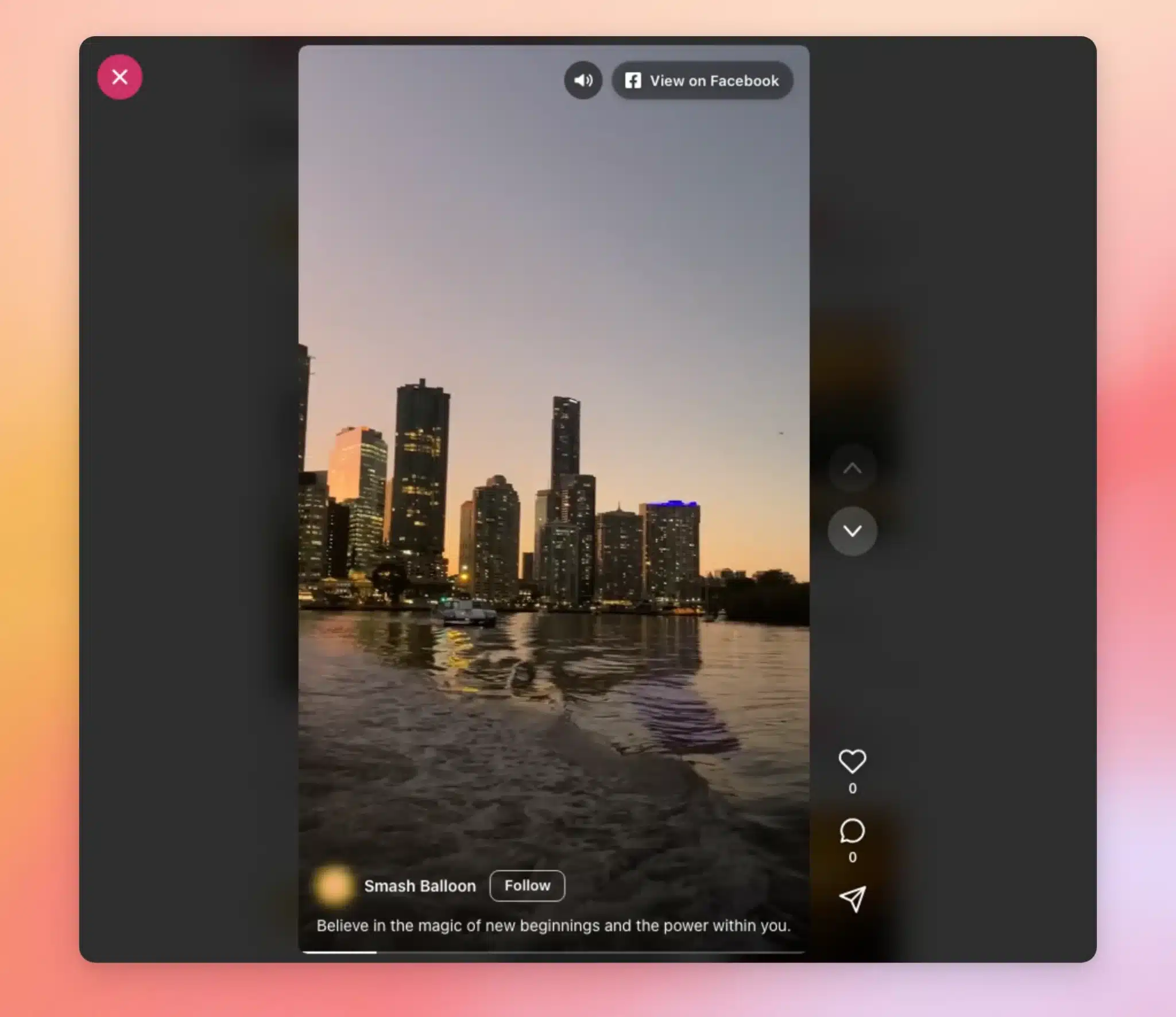 A Reel playing in the fullscreen Swipe View player, with the Page name, caption, like and comment counts, and navigation arrows