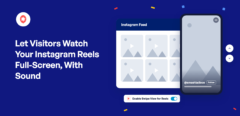 Image principale sur fond bleu marine : une fiche Instagram avec des vignettes vidéo à côté d’un téléphone diffusant un Reel en plein écran avec @smashballoon, un bouton « Suivre », des flèches haut et bas, et l’option « Activer le balayage pour les Reels » activée.
