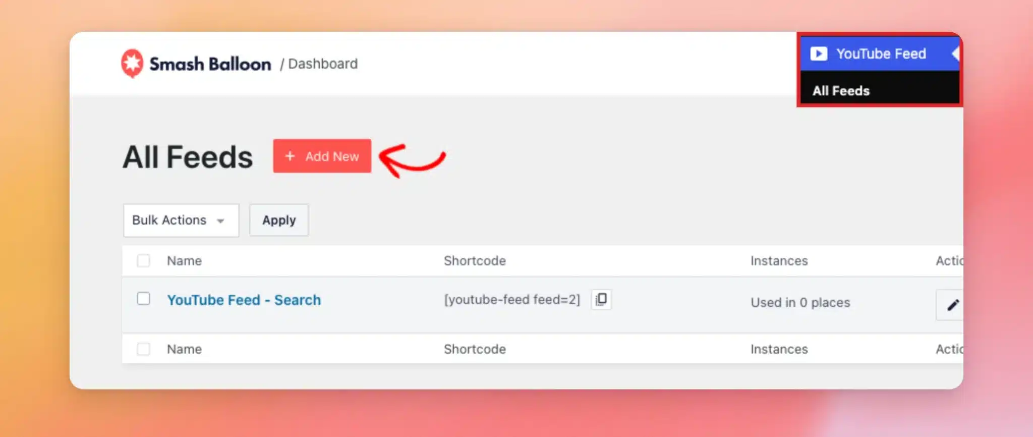 The YouTube Feed All Feeds page with an arrow on the Add New button