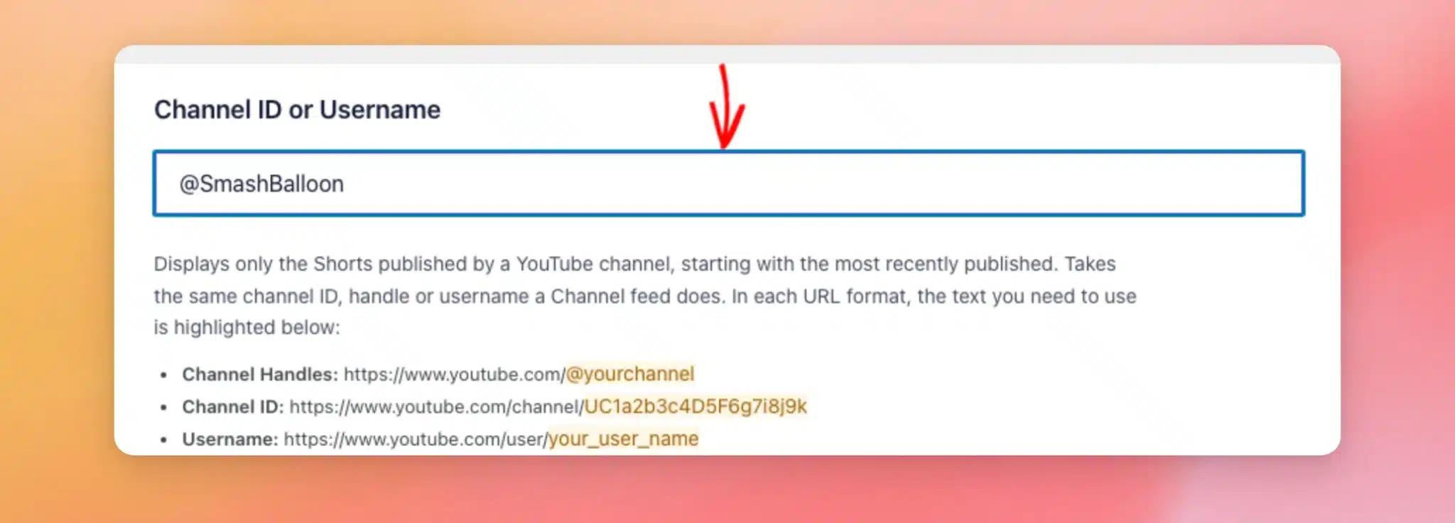 The Channel ID or Username field with a channel handle entered