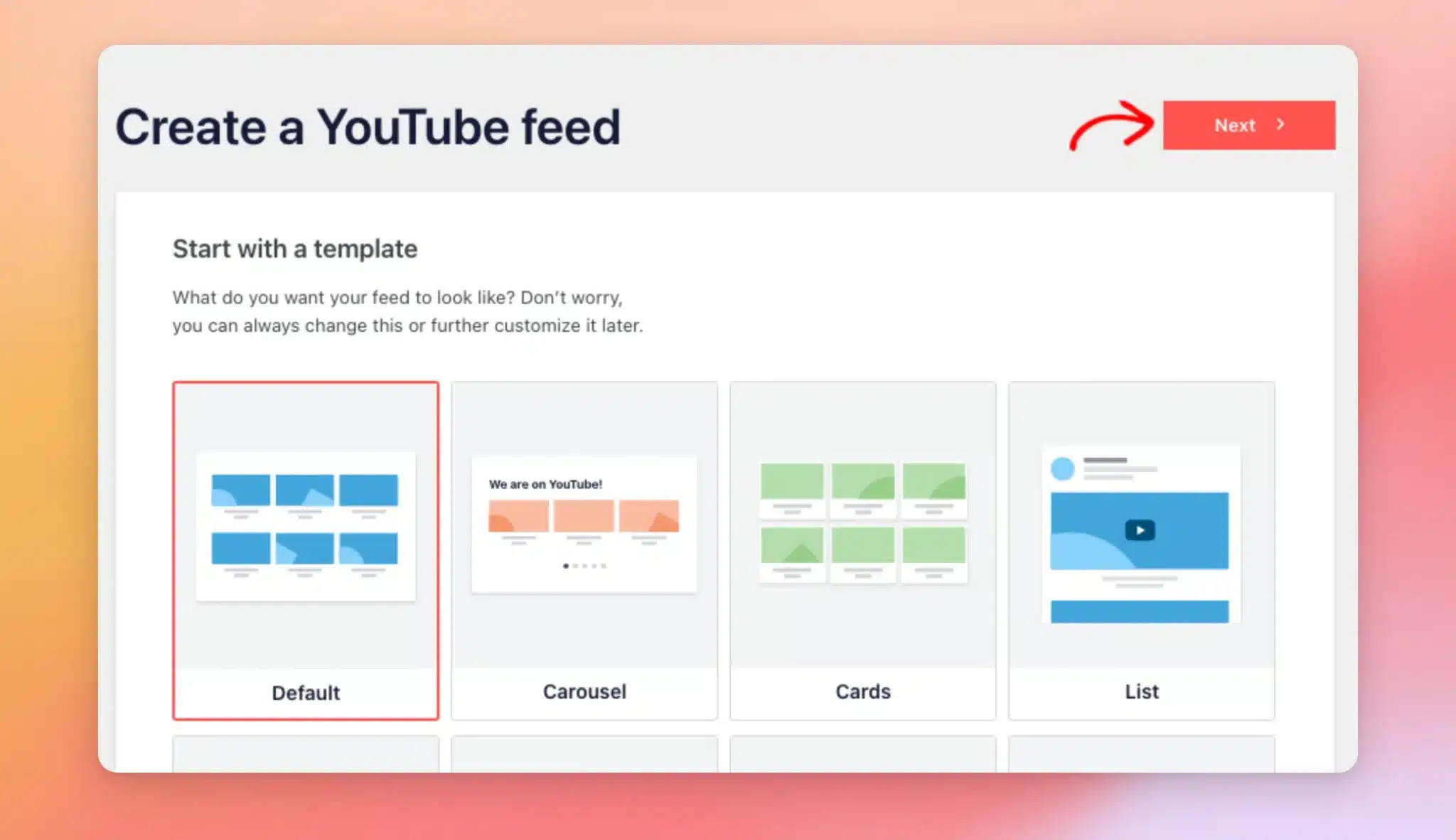 The Start with a template screen with the Default template selected and an arrow on Next