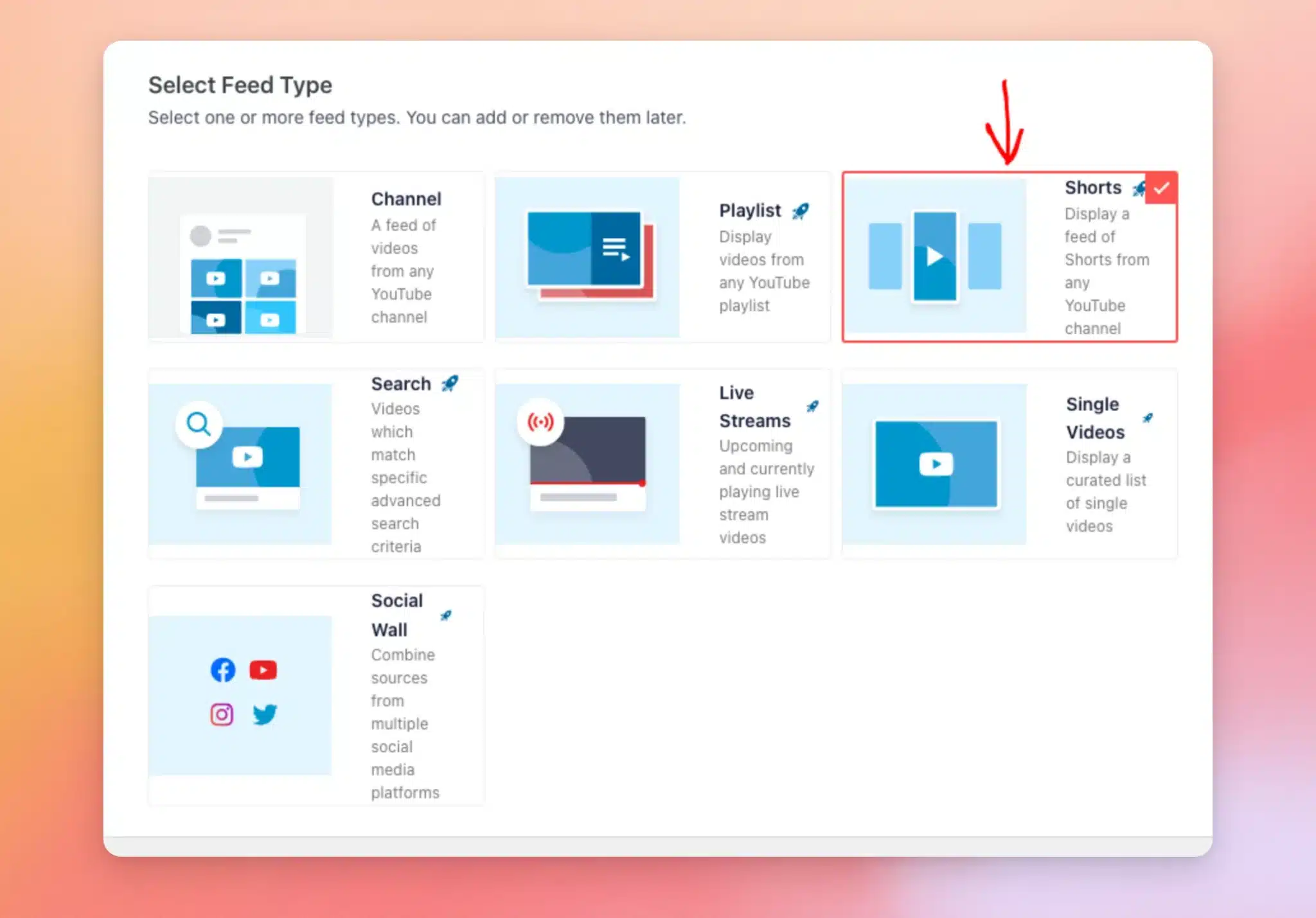 The Select Feed Type screen with the Shorts feed type selected