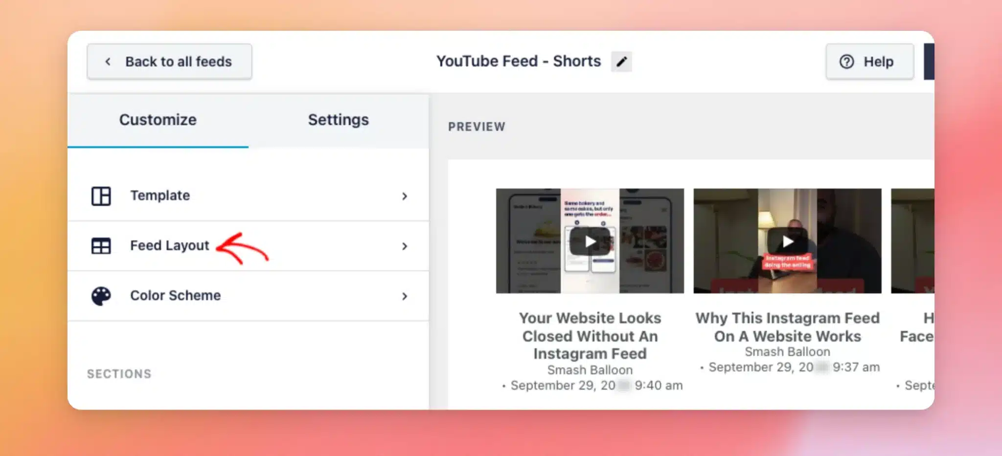 The feed editor with an arrow on Feed Layout in the Customize tab