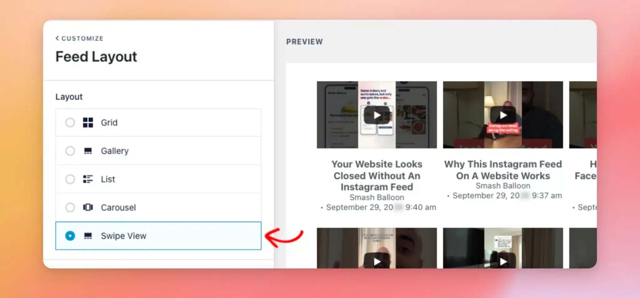 The Feed Layout settings with the Swipe View layout selected