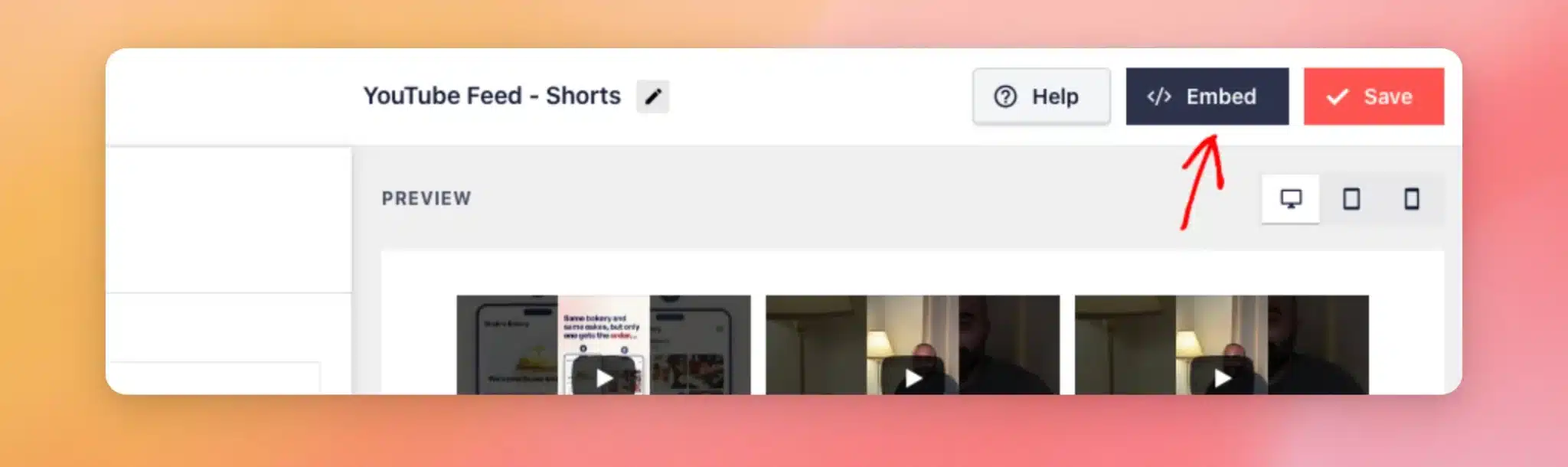 The Embed button at the top of the feed editor