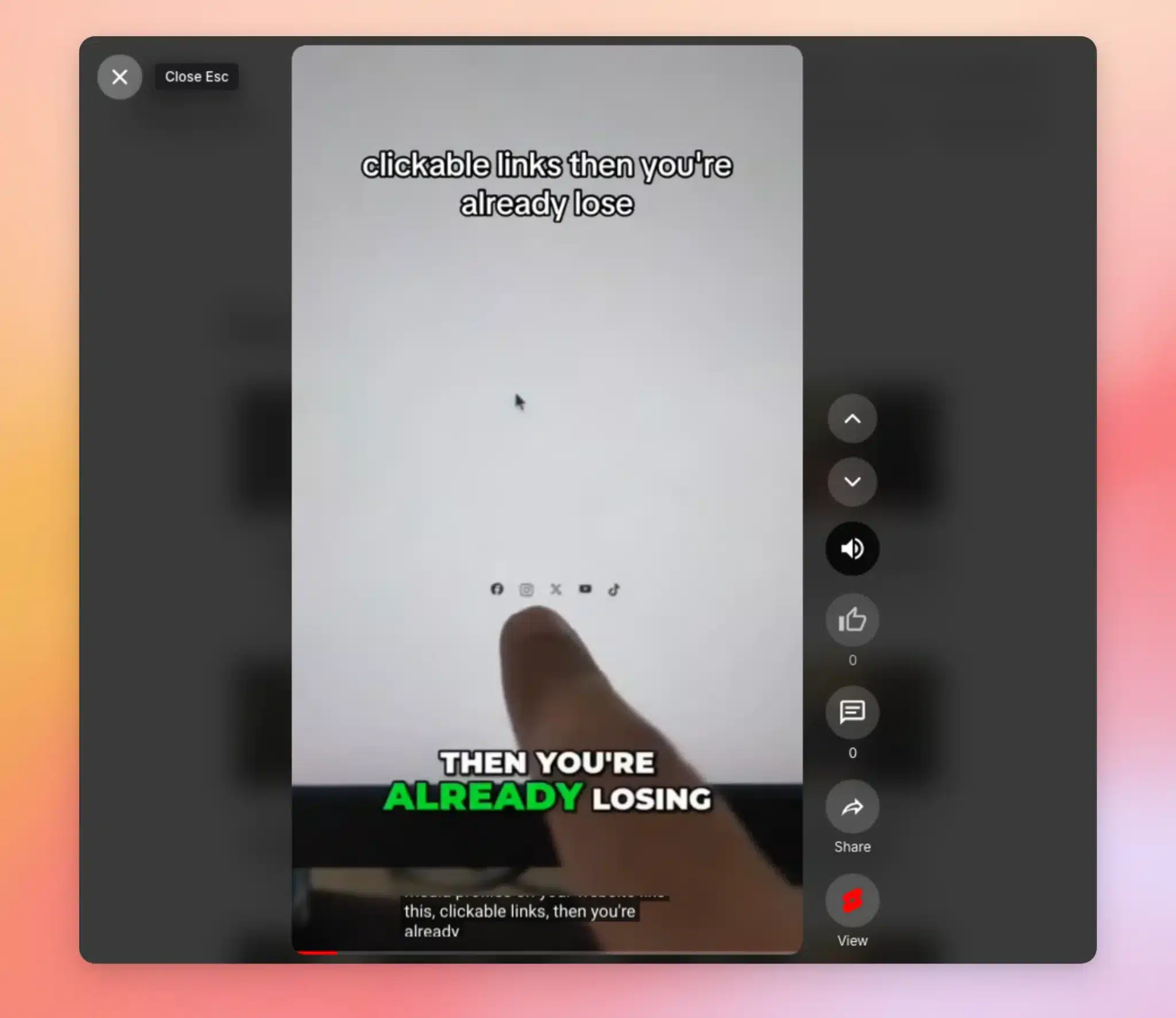 A Short playing in the fullscreen Swipe View player, with navigation arrows and buttons for sound, likes, comments, sharing, and viewing on YouTube