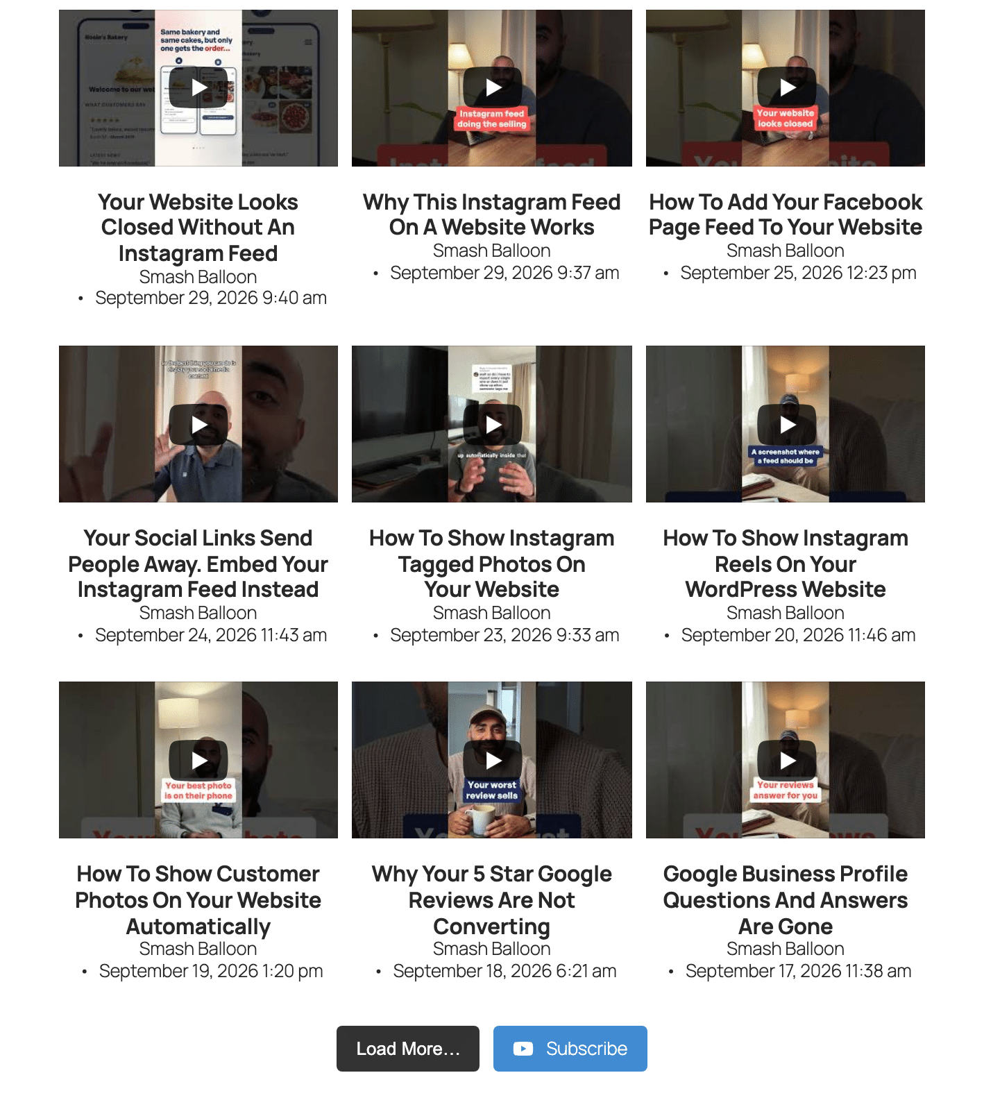 yt-2100-shorts-feed-on-page - Smash Balloon A YouTube Shorts feed from the Smash Balloon channel on a WordPress page, showing nine Shorts with titles and dates, plus Load More and Subscribe buttons