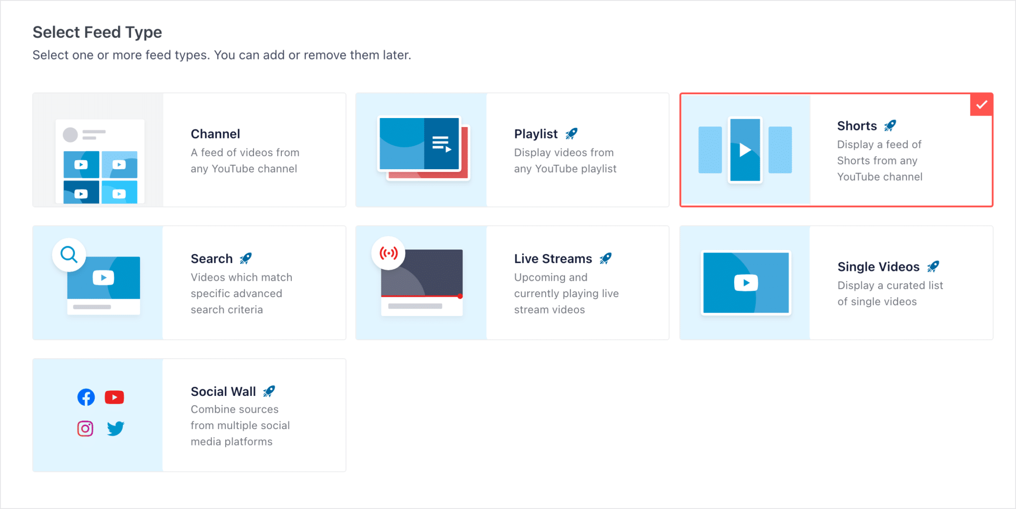 yt-2100-step-choose-shorts - Smash Balloon The Select Feed Type screen in YouTube Feed Pro with the Shorts feed type selected