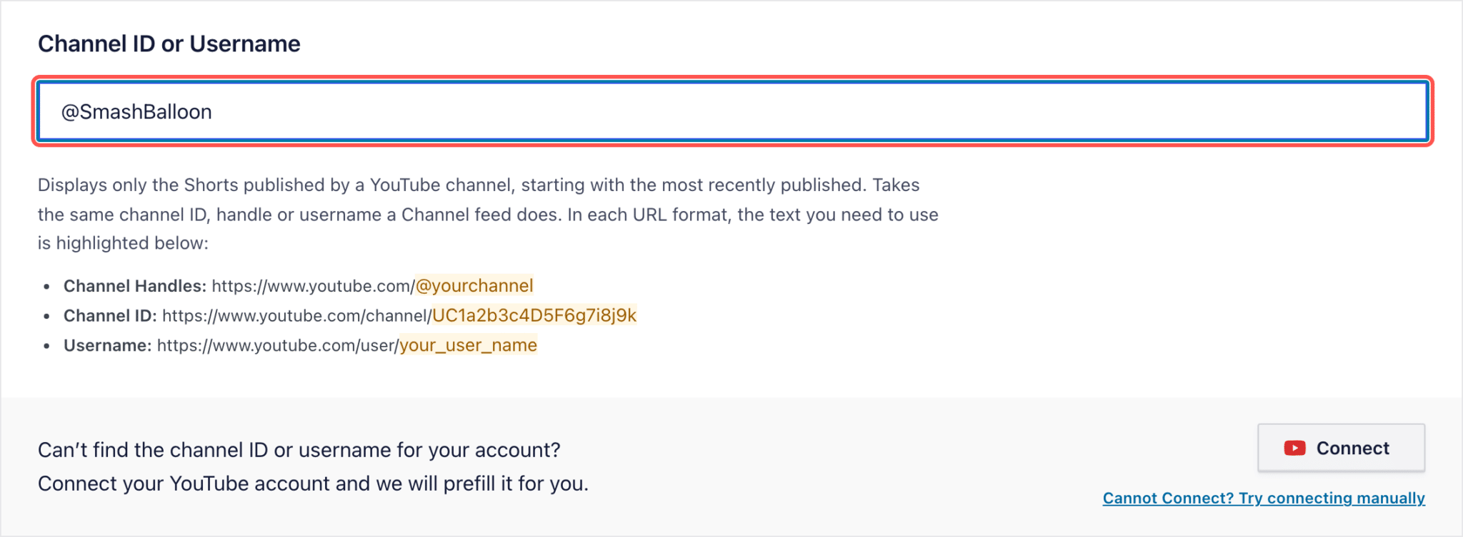 yt-2100-step-add-channel - Smash Balloon The Add Source screen in YouTube Feed Pro with @SmashBalloon typed into the Channel ID or Username field, highlighted