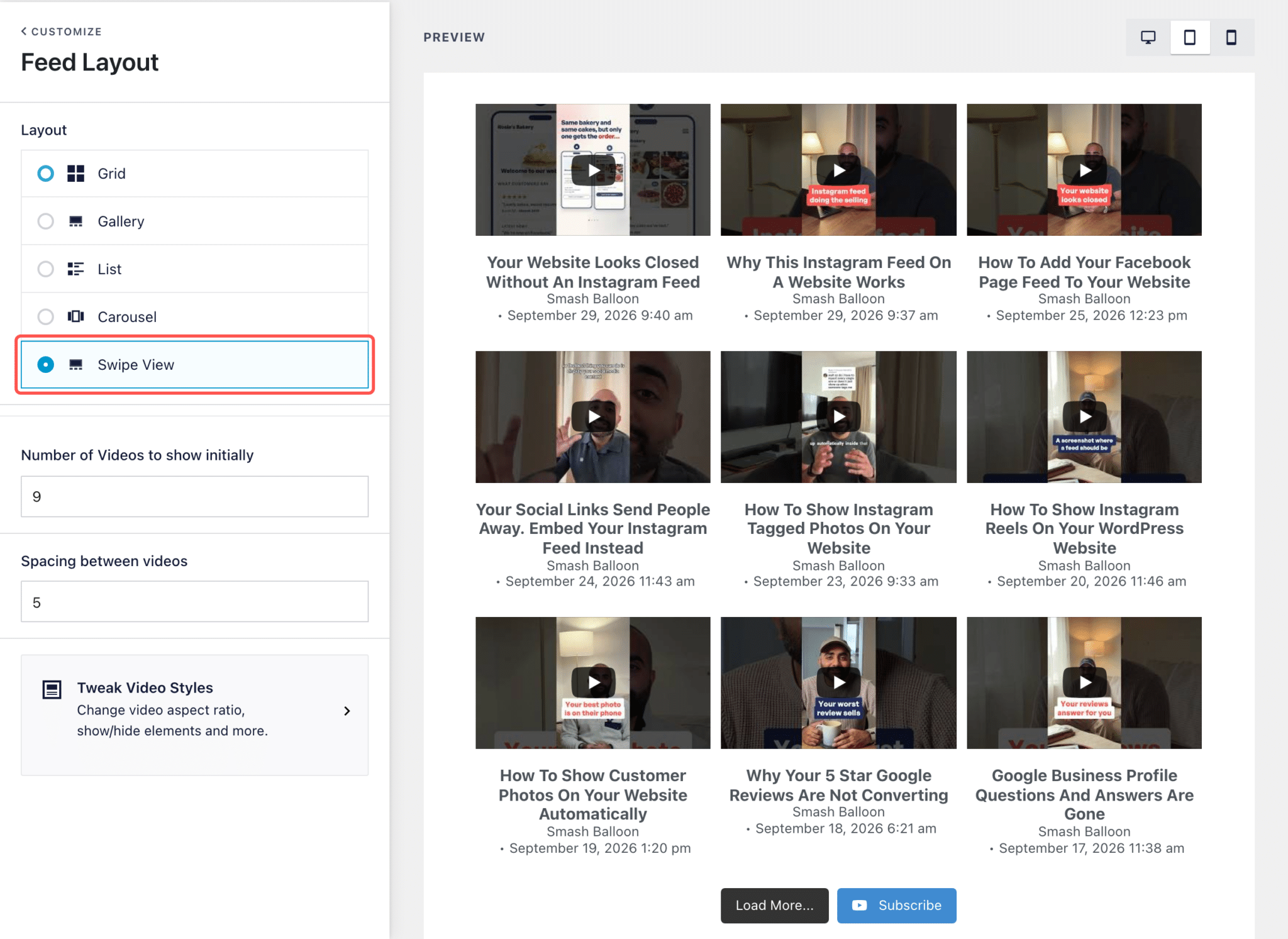 yt-2100-step-swipe-view-layout - Smash Balloon The Feed Layout panel in the YouTube Feed Pro feed editor with the Swipe View layout highlighted, next to a preview of the Shorts feed