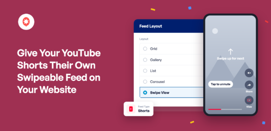 Give-Your-YouTube-Shorts-Their-Own-Swipeable-Feed-on-Your-Website - Smash Balloon Featured image: Give Your YouTube Shorts Their Own Swipeable Feed on Your Website, with the Feed Layout panel set to Swipe View and a YouTube Short playing full-screen on a phone