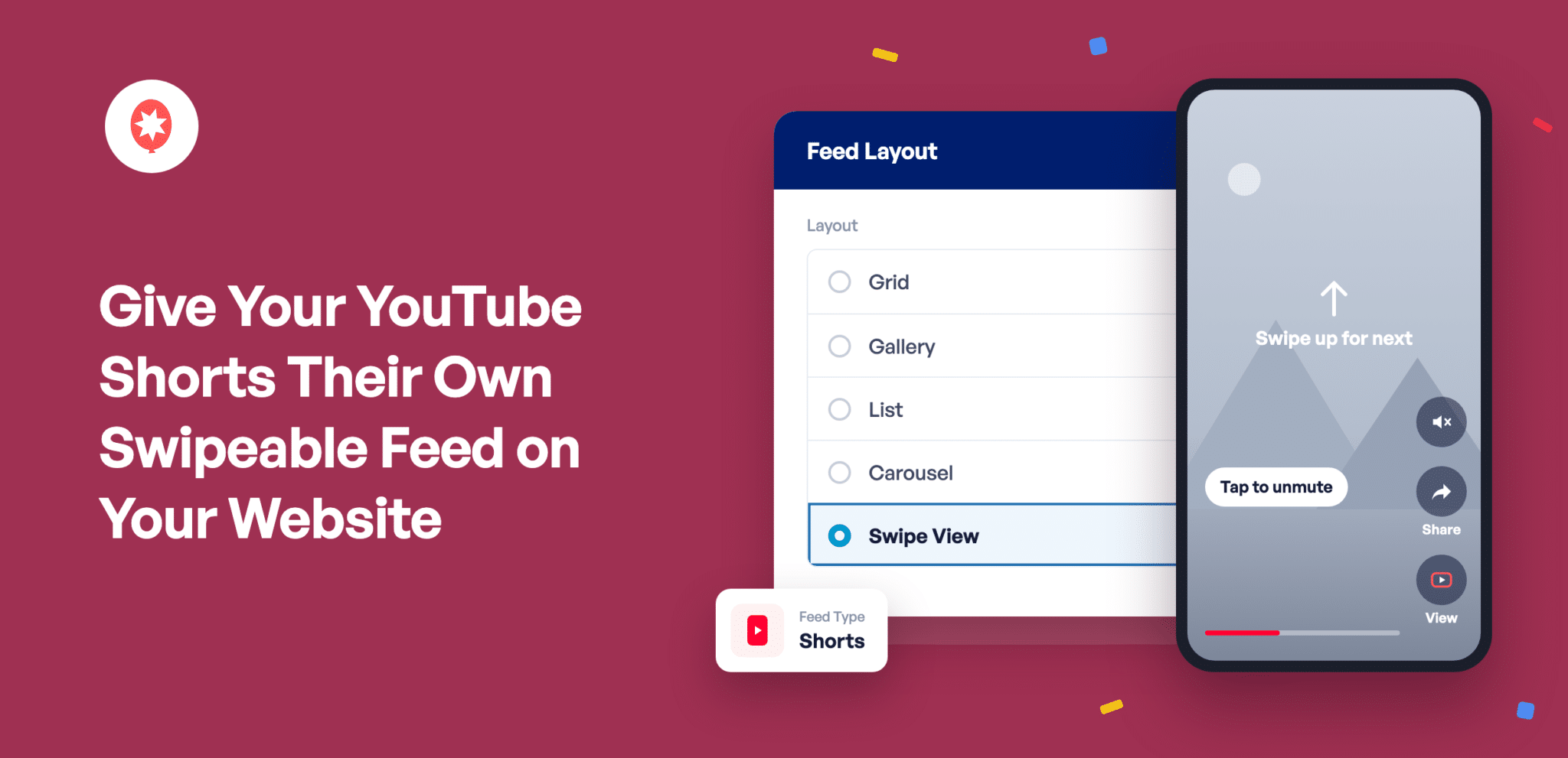 Give-Your-YouTube-Shorts-Their-Own-Swipeable-Feed-on-Your-Website - Smash Balloon Featured image: Give Your YouTube Shorts Their Own Swipeable Feed on Your Website, with the Feed Layout panel set to Swipe View and a YouTube Short playing full-screen on a phone