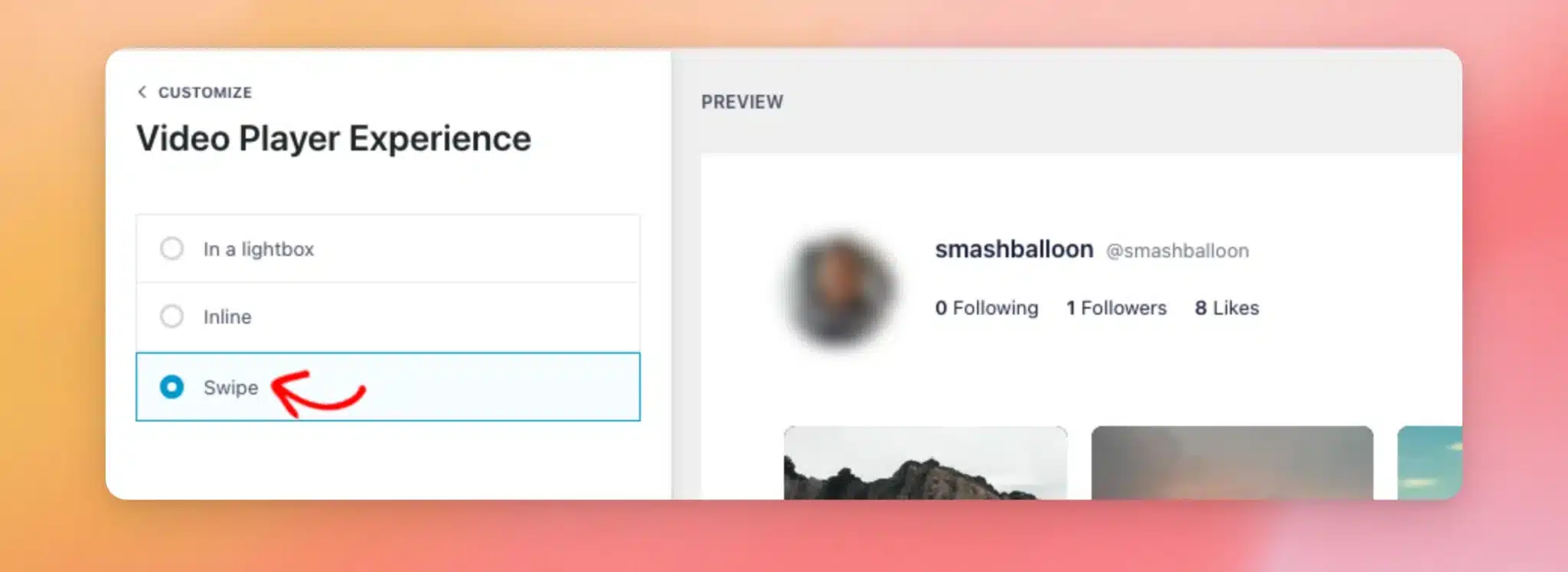 「スワイプ」オプションが選択されている状態でのビデオプレーヤーの操作設定