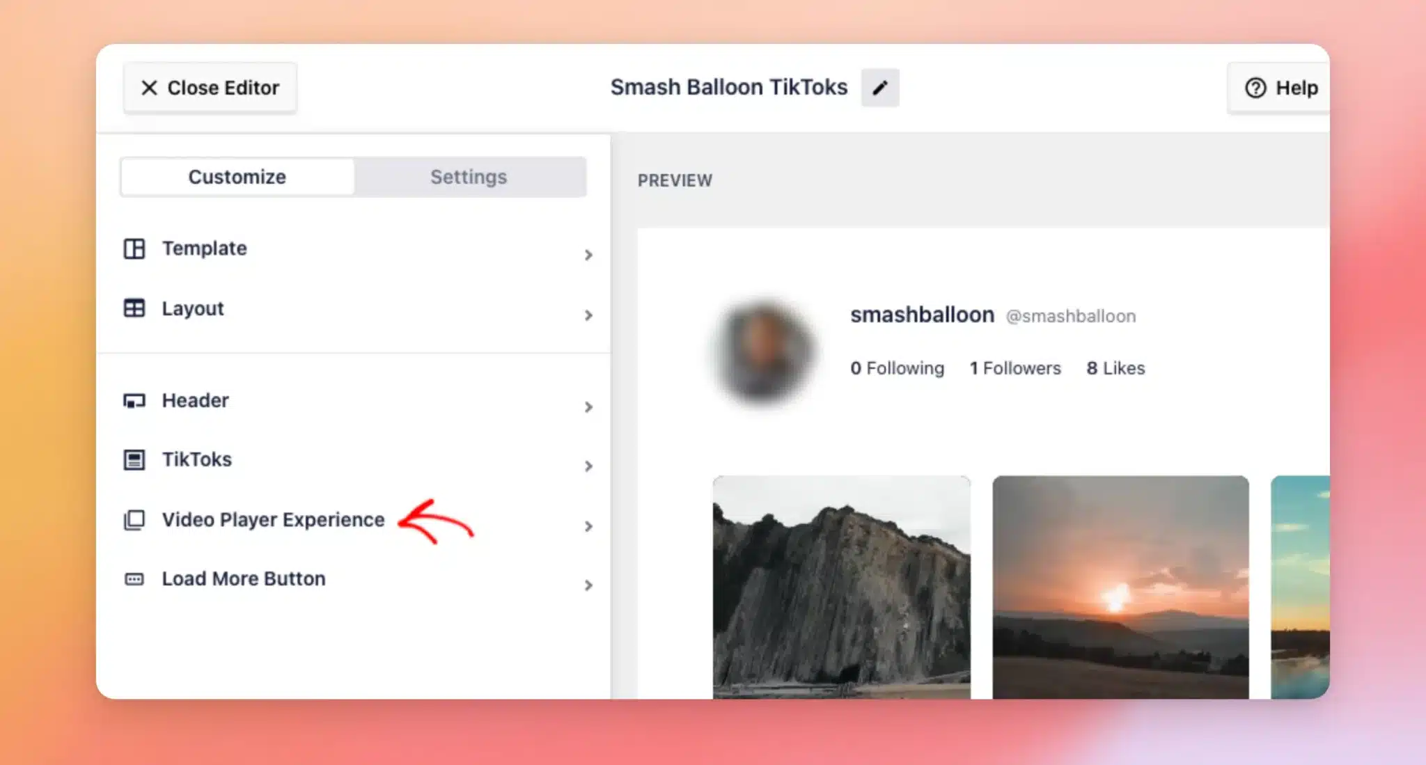 The feed editor with an arrow on Video Player Experience in the Customize tab