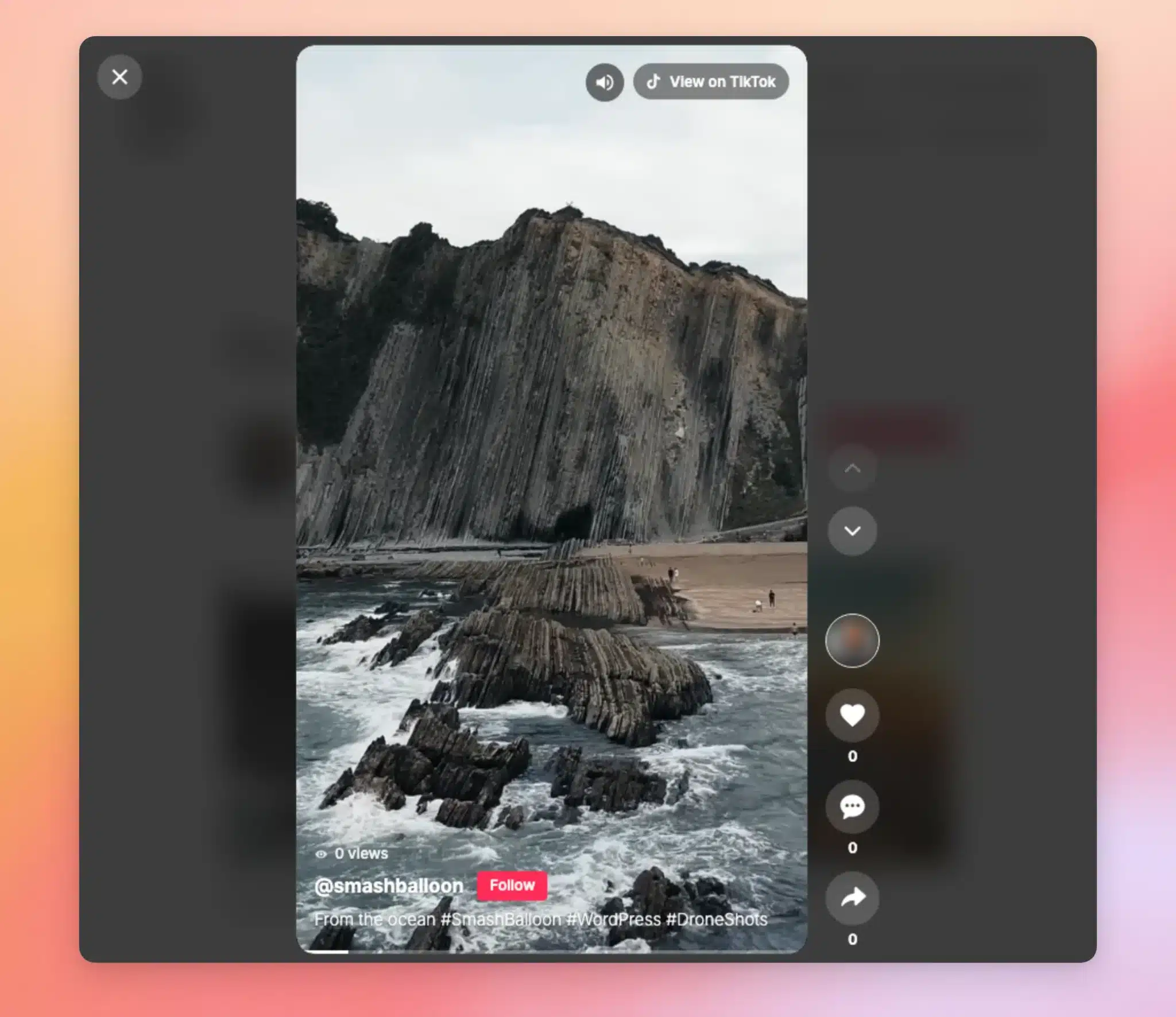 フルスクリーンの「Swipe View」プレーヤーで再生中のTikTok動画。ユーザー名、キャプション、再生回数、およびナビゲーション矢印が表示されています。