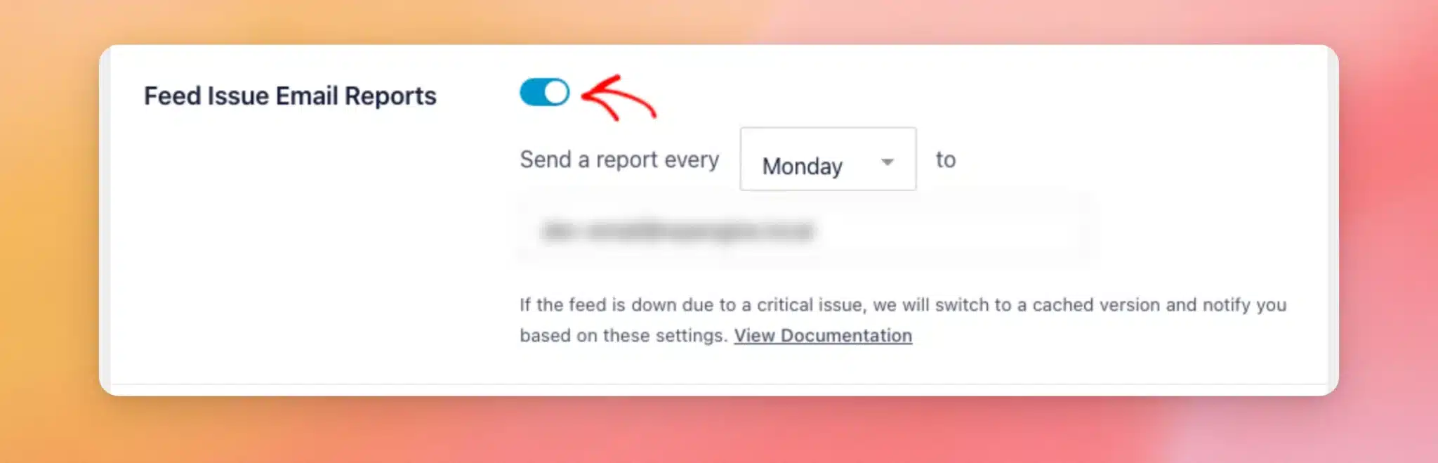 「フィード発行メールレポート」設定が有効になっており、レポートの日付と受信者のメールアドレス欄が表示されています