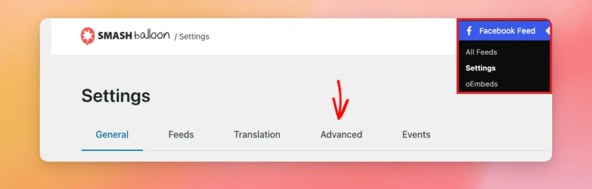 The Custom Facebook Feed Settings page with an arrow on the Advanced tab