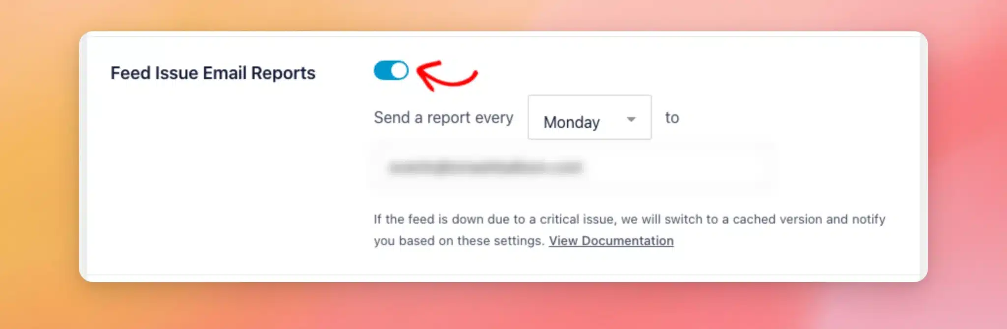 The Feed Issue Email Reports setting turned on, with the report day and recipient email fields