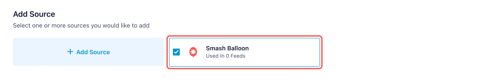 Der Bildschirm „Quelle hinzufügen“ in TikTok Feeds Pro, auf dem das TikTok-Konto von Smash Balloon angekreuzt und hervorgehoben ist