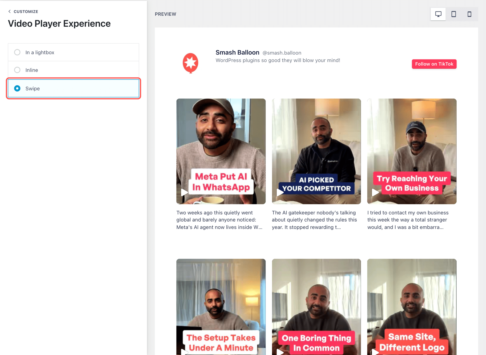 Das Bedienfeld „Video Player Experience“ im Feed-Editor von TikTok Feeds Pro, wobei die Option „Swipe“ ausgewählt und hervorgehoben ist, neben einer Vorschau des TikTok-Feeds