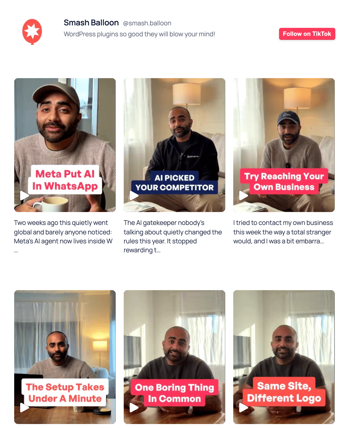 Ein TikTok-Feed des Smash-Balloon-Kontos auf einer WordPress-Seite, mit dem Profil-Header, einem „Auf TikTok folgen“-Button und einer Video-Übersicht mit Bildunterschriften