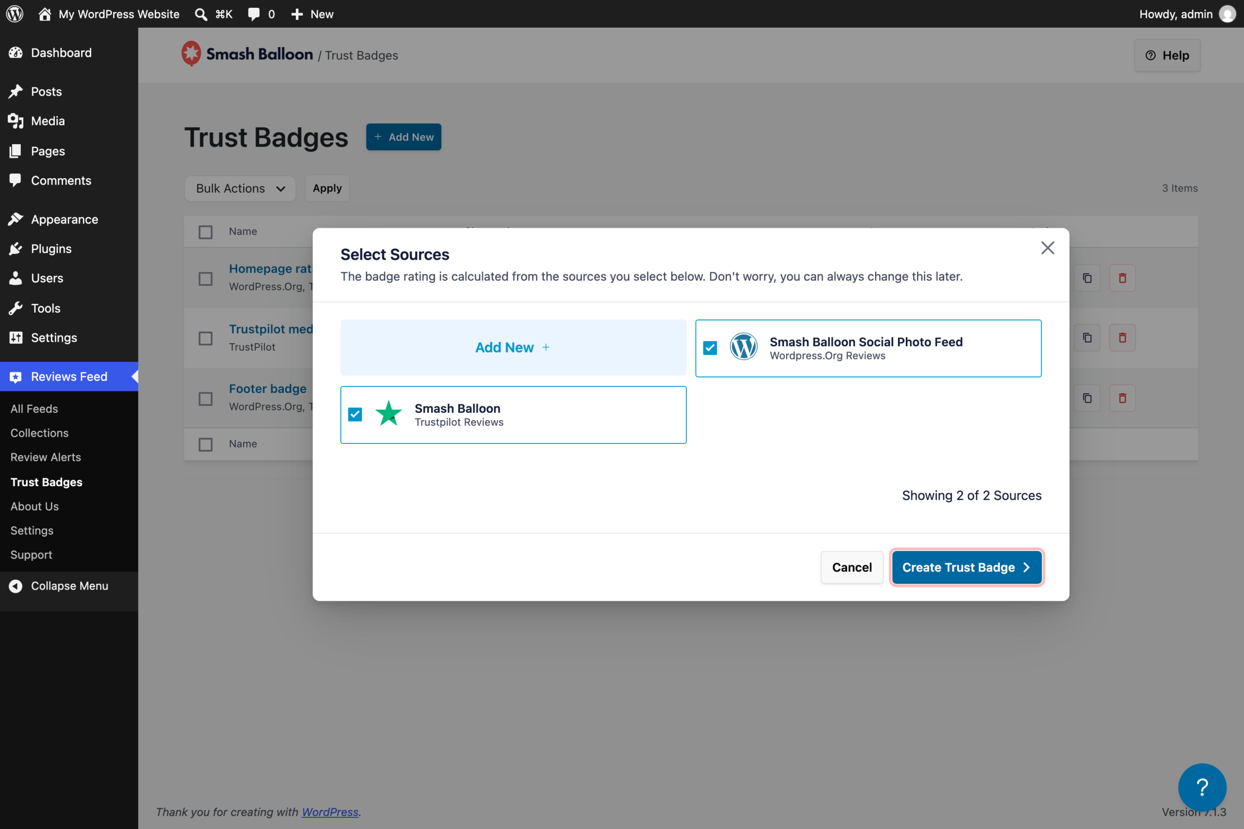 rf-badges-step-sources - Smash Balloon La fenêtre « Sélectionner les sources » dans Reviews Feed Pro, avec les sources WordPress.org et Trustpilot cochées et le bouton « Créer un badge de confiance » mis en surbrillance