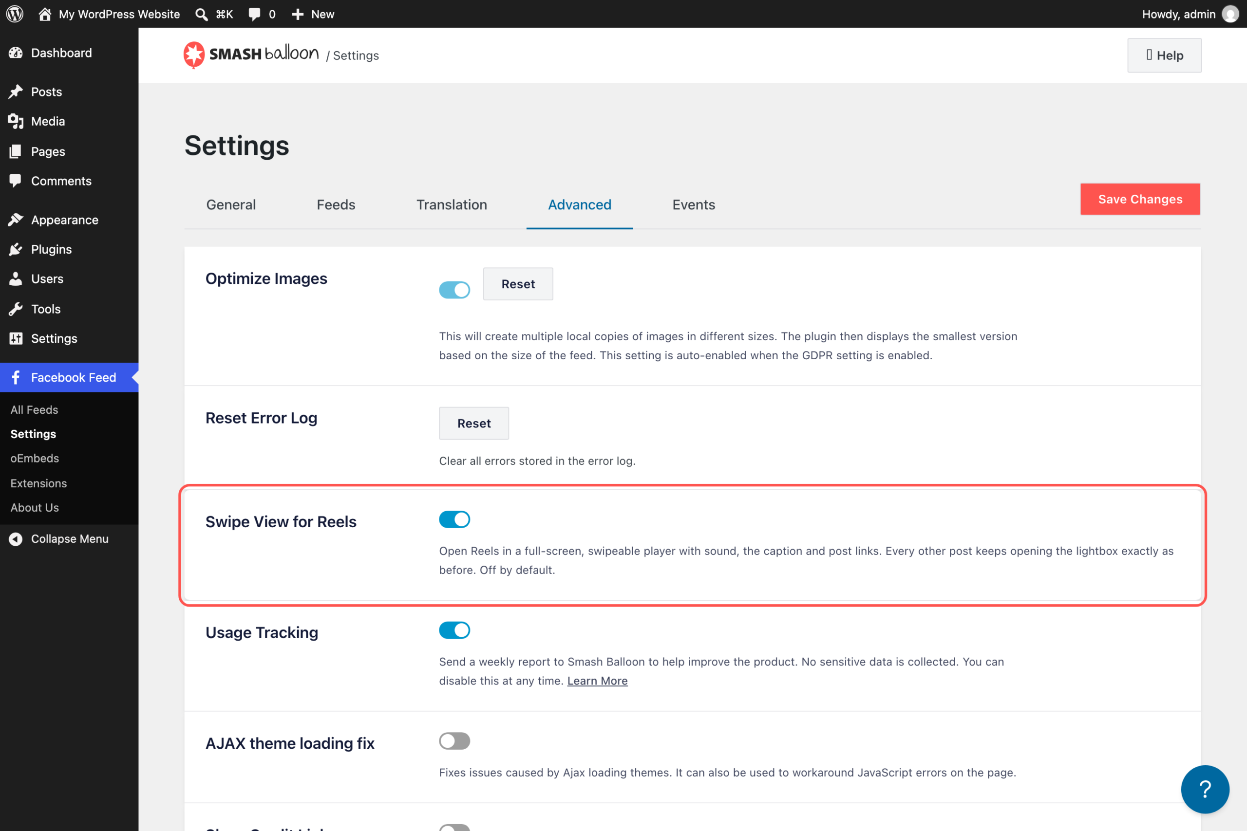 fb-414-step-swipe-setting - Smash Balloon Die Registerkarte „Erweitert“ in den Einstellungen von Facebook Feed Pro, auf der die Option „Swipe-Ansicht für Reels“ aktiviert und hervorgehoben ist