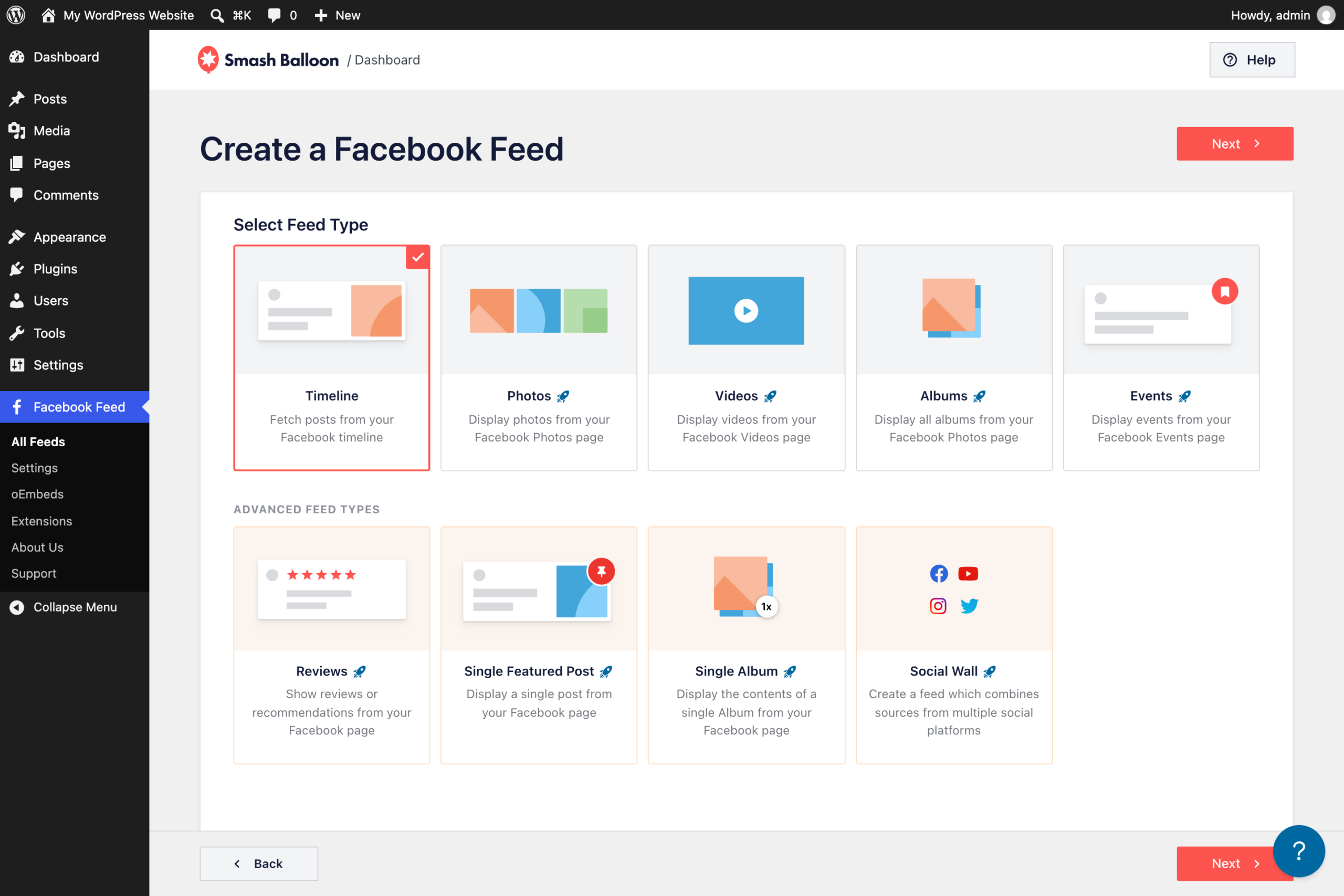 fb-414-step-feed-type - Smash Balloon Der Bildschirm „Facebook-Feed erstellen“ in Facebook Feed Pro, auf dem der Feed-Typ „Timeline“ ausgewählt ist