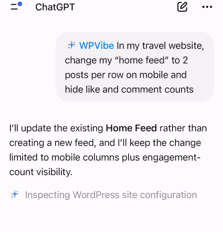 ChatGPT avec WPVibe : demande visant à modifier le flux d'accueil d'un site web de voyage pour afficher 2 publications par ligne sur mobile et masquer le nombre de « J'aime » et de commentaires