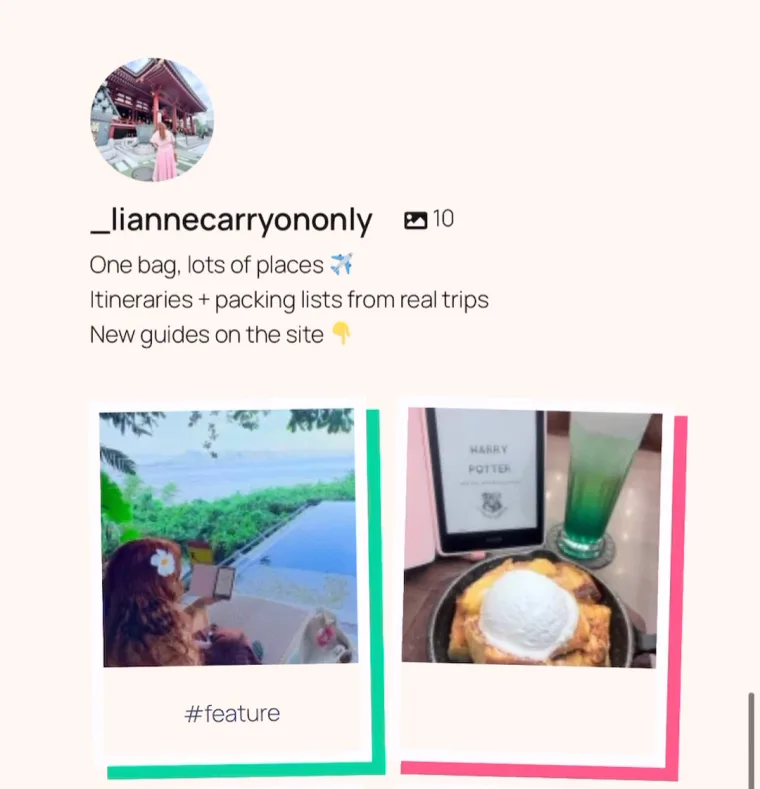 Le fil Instagram du site web dédié au voyage après la modification, affichant 2 publications par ligne sans indication du nombre de « J'aime » ni de commentaires