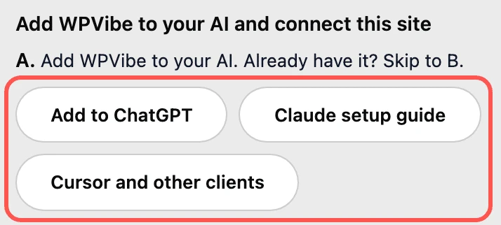 Ajouter les boutons « ChatGPT », « Guide de configuration de Claude », « Cursor » et d'autres clients à la liste de contrôle de configuration de WPVibe