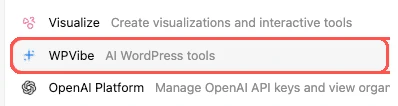 L'option « Outils WordPress WPVibe AI » mise en avant dans le menu ChatGPT Plus