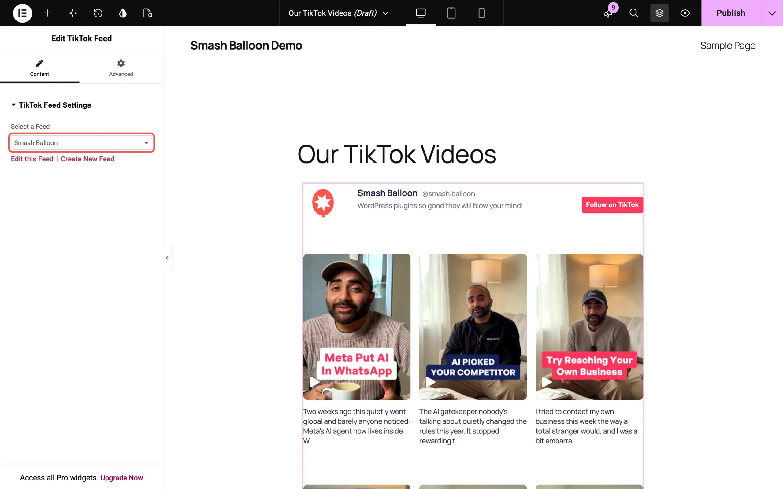 elementor-tiktok-feed-select-feed - Smash Balloon ElementorのTikTokフィードウィジェットで、表示したいTikTokフィードを選択してください