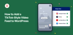 So fügen Sie einen Video-Feed im TikTok-Stil zu WordPress hinzu: Ein Smartphone, auf dem ein Video im Vollbildmodus in der „Swipe View“ abgespielt wird, neben einer Karte, auf der Instagram Reels, TikTok, YouTube Shorts und Facebook Reels aufgelistet sind