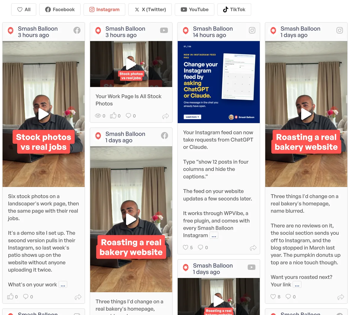 Smash Balloon Social Wall showing Facebook, Instagram and YouTube posts in one feed, with platform filter buttons