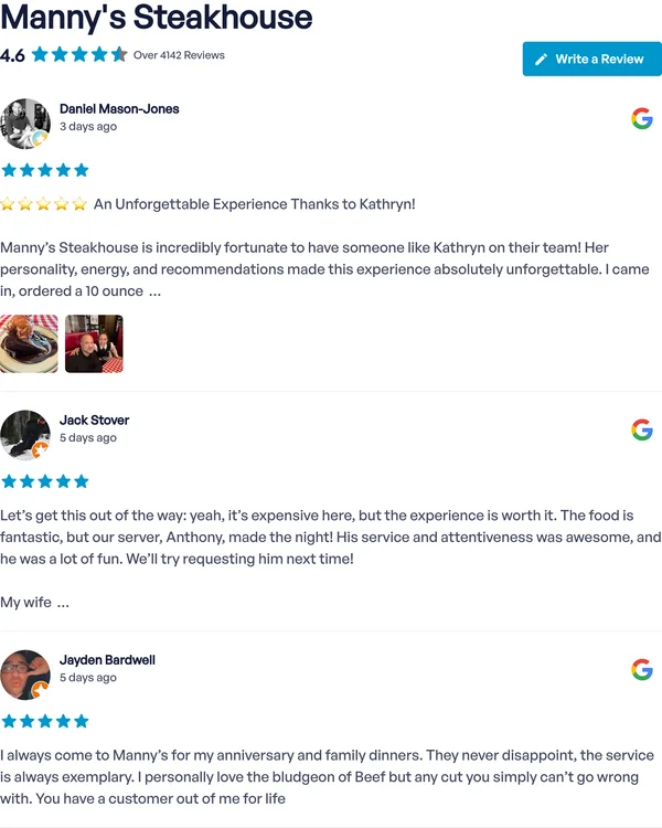 Demo di Reviews Feed Pro: recensioni su Google per Manny's Steakhouse