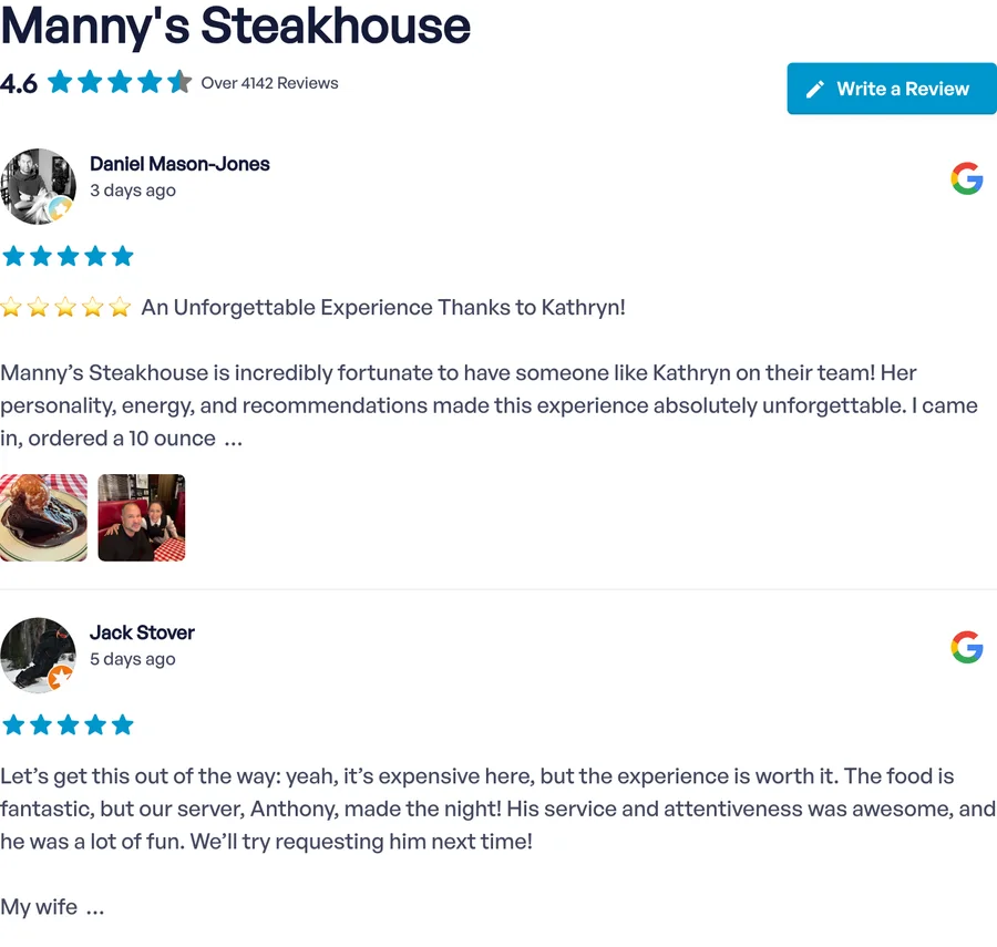 Feed delle recensioni Pro che mostra le recensioni di Google relative a una steakhouse