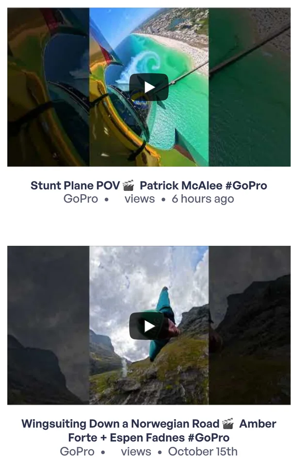 Demo di YouTube Feed Pro: una griglia di video GoPro