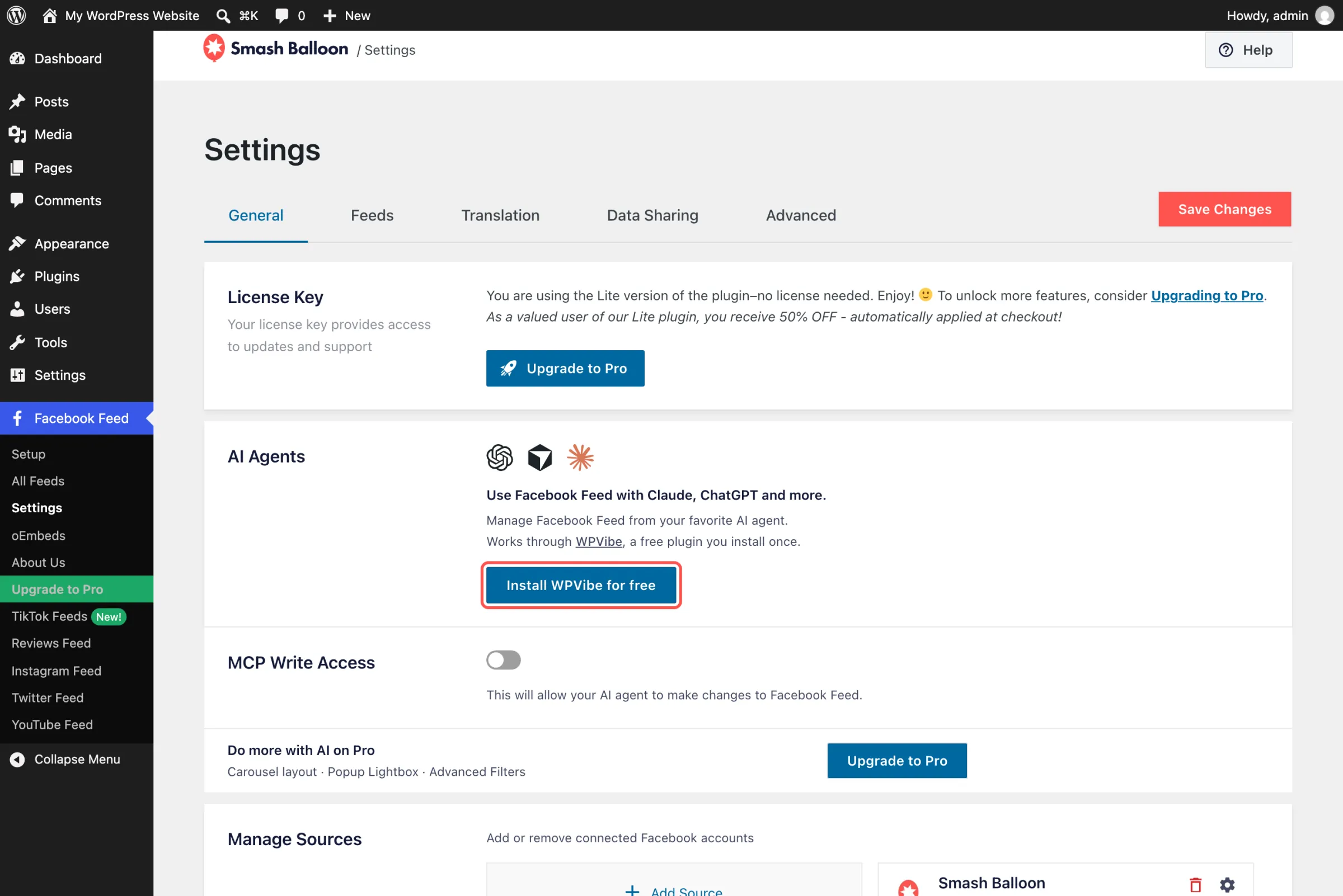 Seite „Facebook-Feed-Einstellungen“ in WordPress, Registerkarte „Allgemein“, wobei die Schaltfläche „WPVibe kostenlos installieren“ im Feld „KI-Agenten“ hervorgehoben ist, oberhalb des Schalters „MCP-Schreibzugriff“ und des Bereichs „Mehr mit KI in der Pro-Version tun“