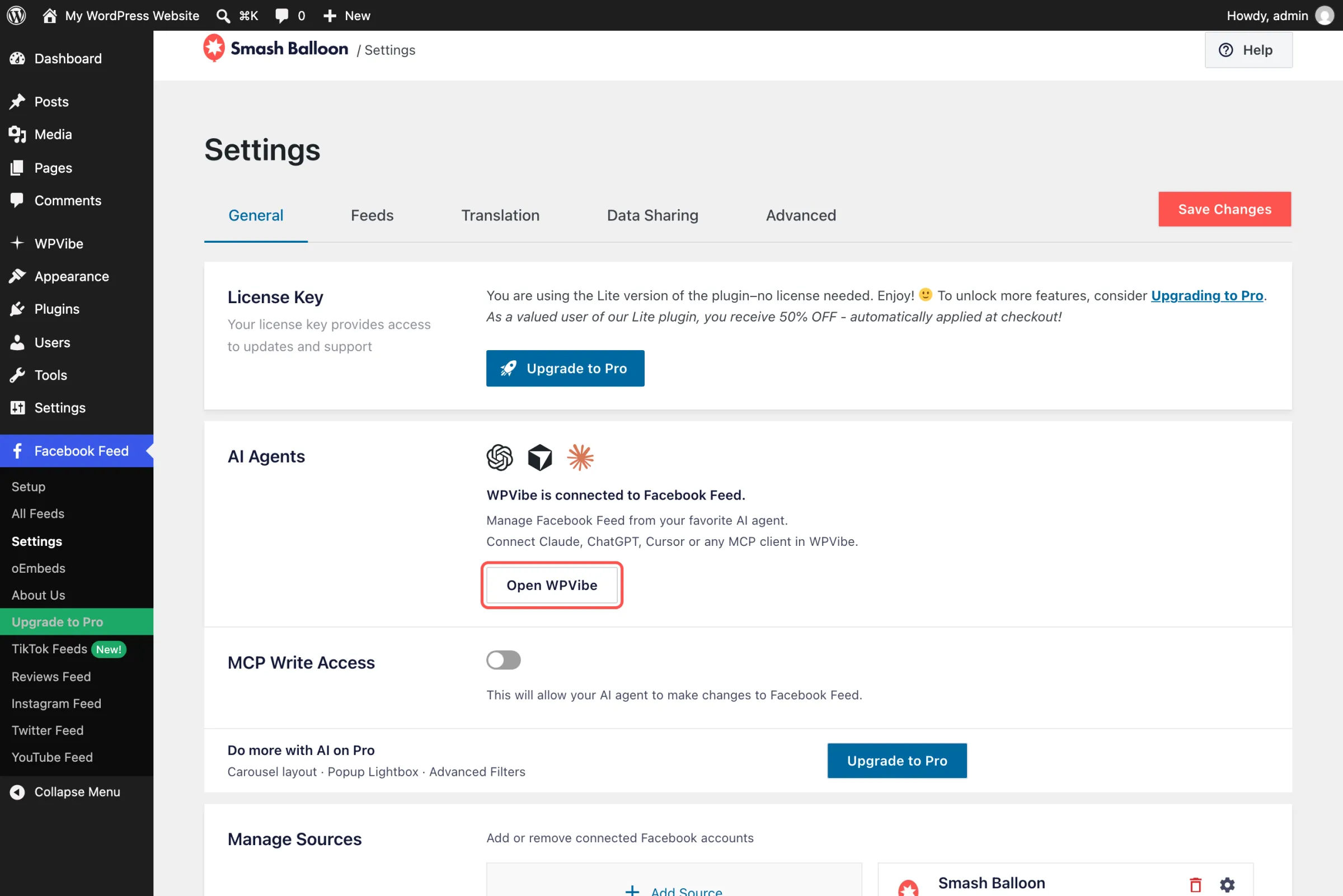 Página de configuración del feed de Facebook, en la que aparece el cuadro «Agentes de IA» con el texto «WPVibe está conectado al feed de Facebook» y el botón «Abrir WPVibe» resaltado